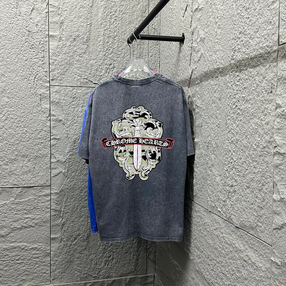 🅿️180 CH* Crow Heart* 2025 spring and summer new style Snowflake distressed washed retro round neck short sleeves Chest and front logo Front and back cross horseshoe print Customized fabric Short-sleeved T-shirt Unisex Size: S M L XL XXL Color: Snowflake Black Snowflake Gray Snowflake Pink Snowflake Blue